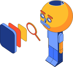 An illustration of a robot looking through a magnifying glass at a screen
