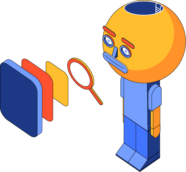 An illustration of a robot looking through a magnifying glass at a screen